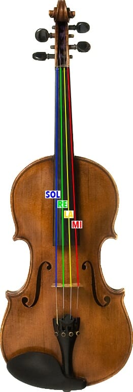 Les quatre cordes du violon. De gauche à droite, la corde de Sol, la corde de Ré, la corde de La et la corde de Mi.