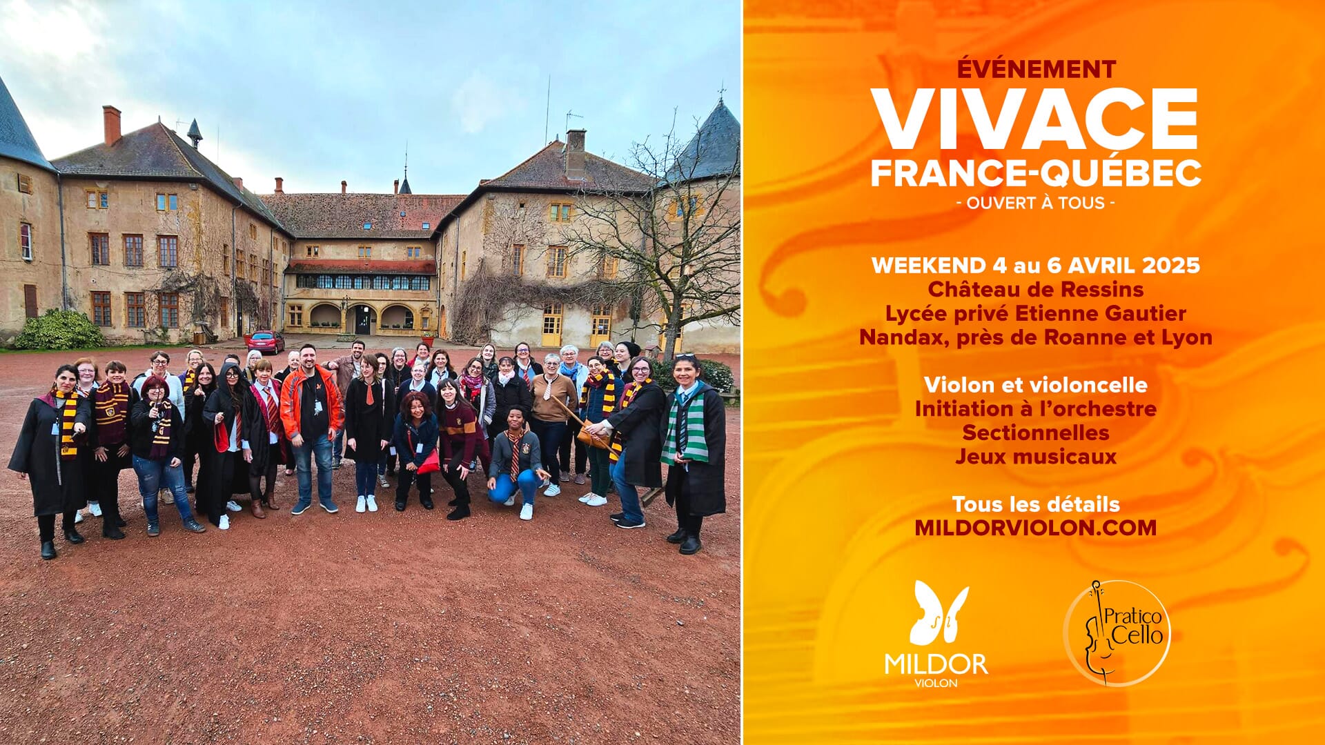 Mildor Violon vous invite à son deuxième grand rassemblement en France, en collaboration avec PraticoCello. Violonistes et violoncellistes, le weekend du 4 mars au 6 avril 2025, participez à une rencontre exceptionnelle, riche en émotions. Jouez de la musique et amusez-vous sous la direction de Jean-François McDonald et Catherine Mathieu. Initiation à l'orchestre, sectionnelles, jeux musicaux, fête, ateliers divers, concert privé... Tout pour avoir du plaisir ensemble dans un décor exceptionnel, à une heure de Lyon, sur le site de Ressins avec son magnifique parc forestier et son château XVIIIième. Repas inclus et pension complète possible. Partitions et détails début mars. Au grand plaisir de vivre ce beau moment avec vous !