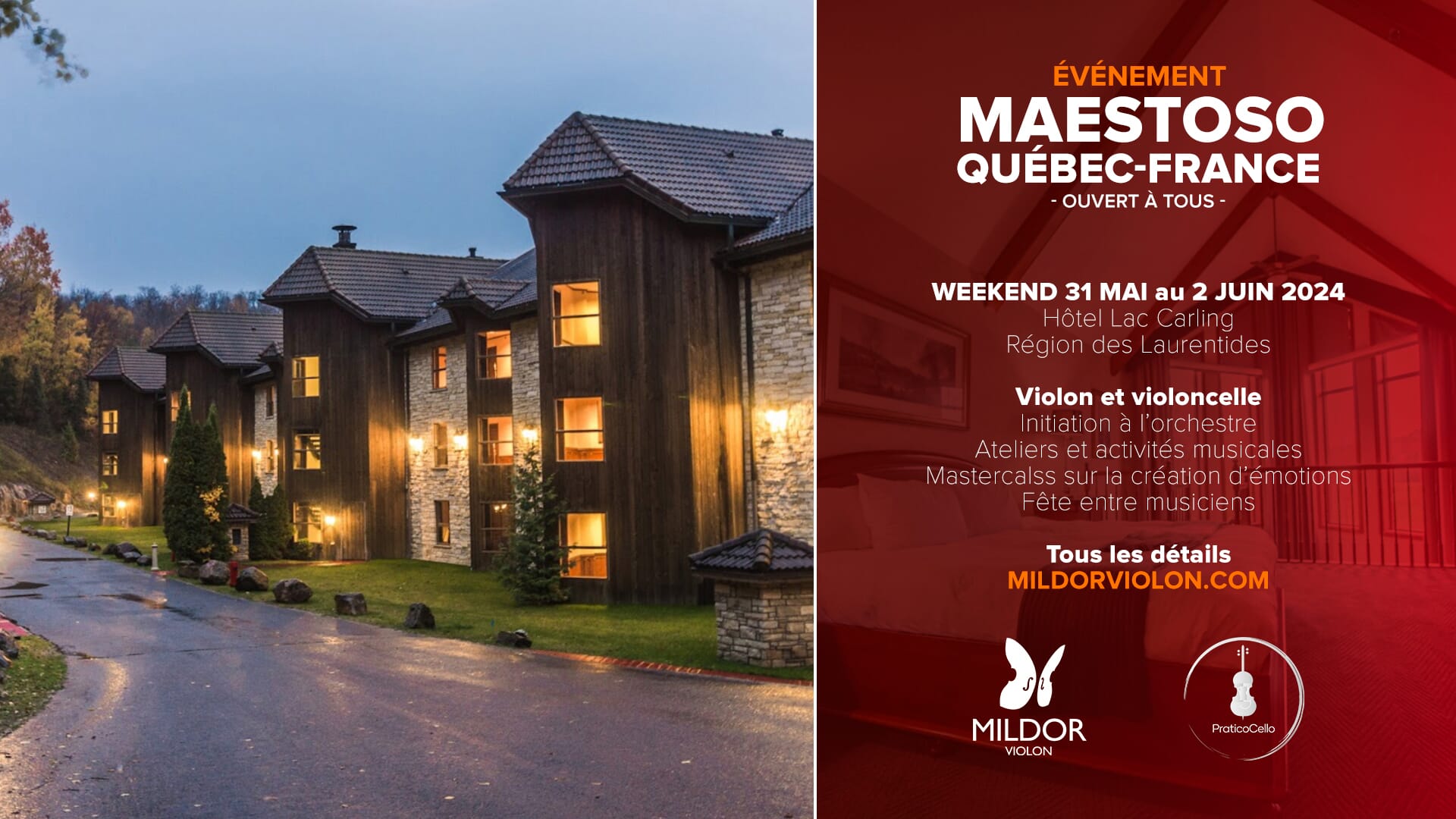 Mildor Violon vous invite à un grand rassemblement musical au Québec, en collaboration avec PraticoCello. Violonistes et violoncellistes de tous horizons, le weekend du 31 mai au 2 juin 2024, participez à une rencontre amicale et culturellement riche, dans un décor incroyable. Jouez de la musique et amusez-vous sous la direction de Jean-François McDonald et Catherine Mathieu. Initiation à l'orchestre, sectionnelles, jeux musicaux, fête, concert privé... Tout pour avoir du plaisir entre passionnés dans les Laurentides, à l'exceptionnel Hôtel Lac Carling. Repas et chambre inclus dans cet établissement 4 étoiles à couper le souffle. Bref, offrez-vous le luxe, au prix d'un simple camp musical. Européens, il s'agit aussi du meilleur moment pour visiter le Québec, car sachez qu'à cette saison, à l'aéroport le plus près, les prix sont abordables. Partitions et détails début mai. Au grand plaisir de vous rencontrer !